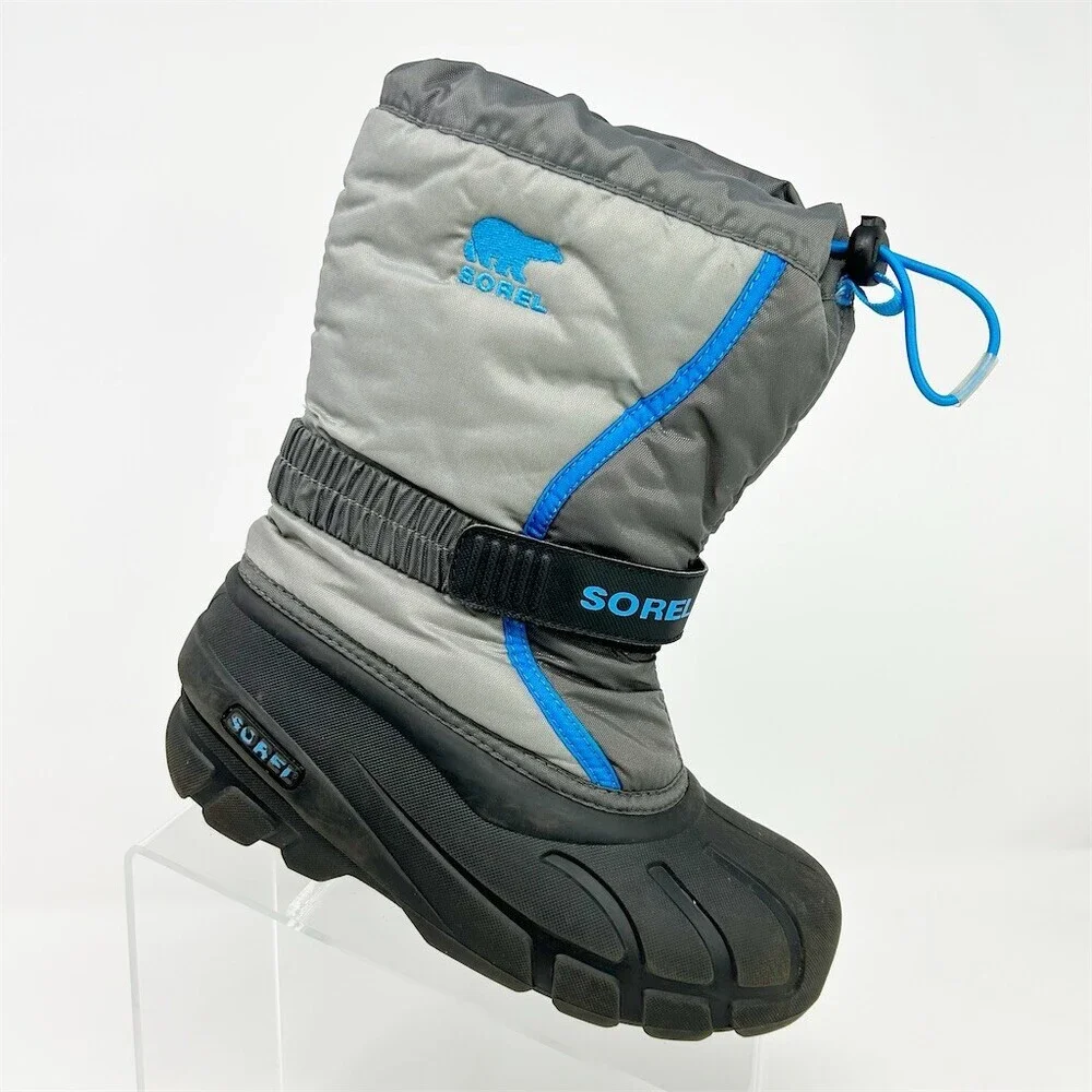 SOREL Flurry Snow Boots Boy Kids Gray Black Blue Waterproof Winter Size 3